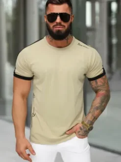 T-shirt męski slim fit beżowy O/QQ1196^Ozonee New