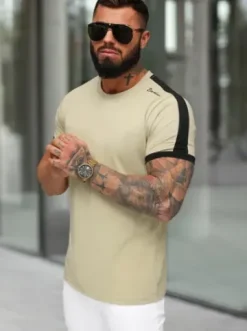 T-shirt męski slim fit beżowy O/QQ1196^Ozonee New