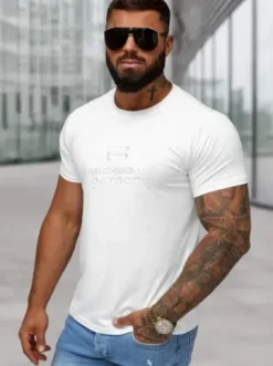T-shirt męski slim fit biały O/QQ1389^Ozonee Clearance