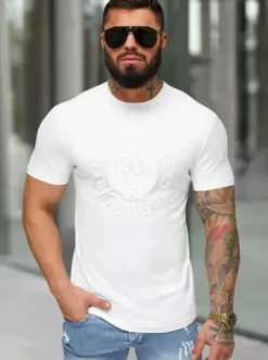 T-shirt męski slim fit z wypukłym nadrukiem mono biały NB/MT3019/02^Ozonee Best