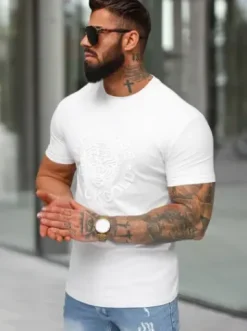 T-shirt męski slim fit z wypukłym nadrukiem mono biały NB/MT3019/02^Ozonee Best