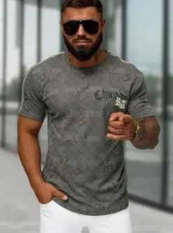 T-shirt męski z nadrukiem ciemno-szary O/QQ1550^Ozonee New